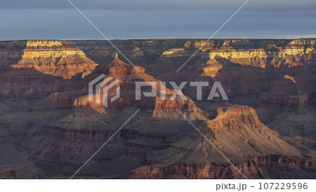 USA, Arizona, Grand Canyon National Park, South Rim, Aerial view of south rim of Grand Canyon at sunset 107229596