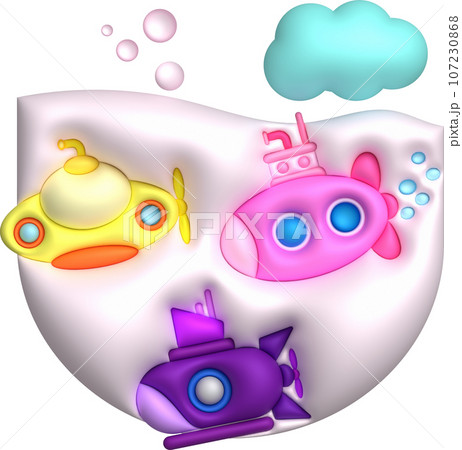 3D illustration Submarine undersea with bubble.Kids toys minimal style. 107230868