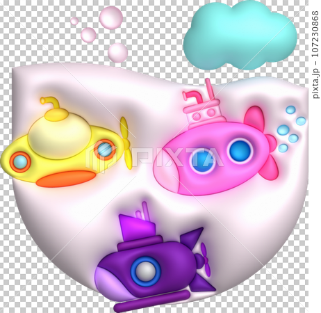 3D illustration Submarine undersea with bubble.Kids toys minimal style. 107230868