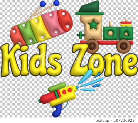 3D illustration letters kid zone, xylophone, water gun and toy train.Kids toys minimal style. 3D illustration letters kid zone, xylophone, water gun and toy train.Kids toys minimal style. 107230928