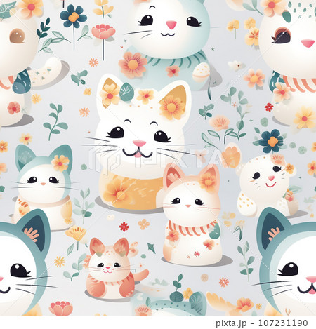 Cat cartoon seamless pattern. Generative AI. 107231190