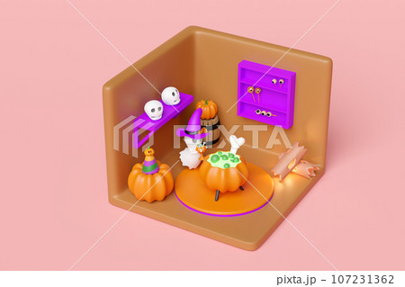3d isometric room for halloween holiday party with cute ghost hand holding magic cup, cauldron, skeleton, skull, eye isolated on pink background. 3d render illustration 3d isometric room for halloween holiday party with cute ghost hand holding magic cup, cauldron, skeleton, skull, eye isolated on pink background. 3d render illustration 107231362