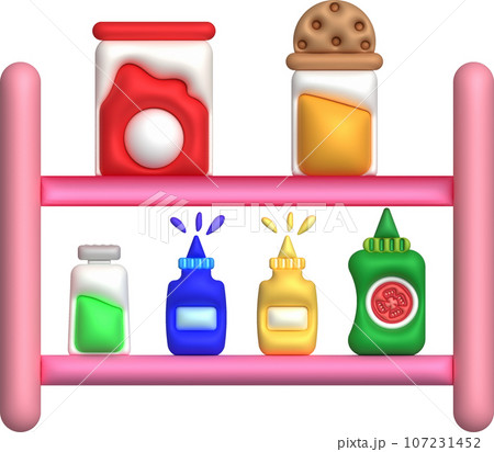 3d illustration Condiment shelves with bottles for seasoning powder, sauce bottles, used for cooking. minimal style. 107231452