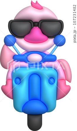 3D illustration duck wearing dark glasses driving a motorcycle. minimal style. 3D illustration duck wearing dark glasses driving a motorcycle. minimal style. 107231482