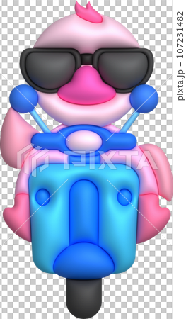 3D illustration duck wearing dark glasses driving a motorcycle. minimal style. 3D illustration duck wearing dark glasses driving a motorcycle. minimal style. 107231482