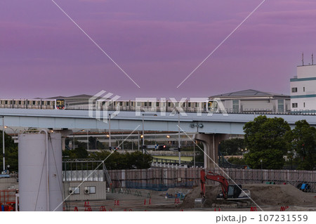 都心の夕焼けのなかを行くゆりかもめ 都心の夕焼けのなかを行くゆりかもめ 107231559