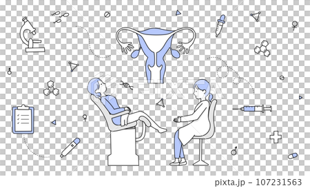 手描きラインアート｜婦人科で子宮がん検診を受ける若い女性 107231563