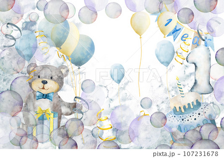 Watercolor illustration hand drawing. Cute cartoon teddy bear with arches, an airplane, gifts and soap bubbles Watercolor illustration hand drawing. Cute cartoon teddy bear with arches, an airplane, gifts and soap bubbles 107231678