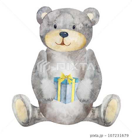 Watercolor illustration, on a white background.Cute cartoon teddy bear with a balloon and a gift Watercolor illustration, on a white background.Cute cartoon teddy bear with a balloon and a gift 107231679