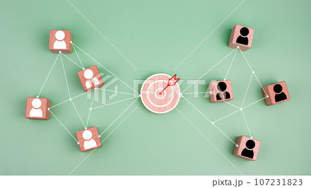 wooden block which prints a target icon connection linkage with human icon on green background. Business goals and objectives concept. business competition. customer focus target group and customer wooden block which prints a target icon connection linkage with human icon on green background. Business goals and objectives concept. business competition. customer focus target group and customer 107231823