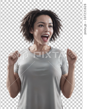 AI-generated image of a dreadlocked woman screaming and doing a fist pump with both hands 107231828