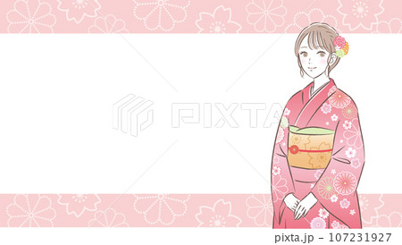 着物・振袖姿の華やかな若い女性のイラストサムネイル　背景素材 107231927