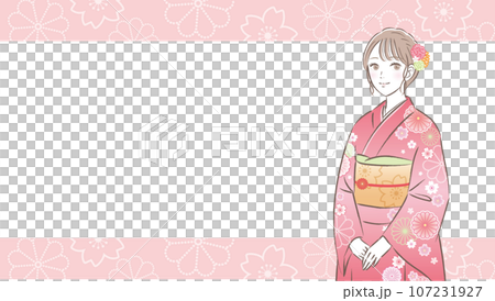 着物・振袖姿の華やかな若い女性のイラストサムネイル　背景素材 107231927