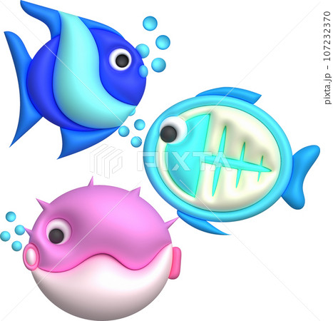 3D illustration Cute underwater animals Sea fish popular color fish. minimal style. 107232370