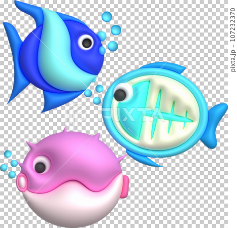 3D illustration Cute underwater animals Sea fish popular color fish. minimal style. 107232370