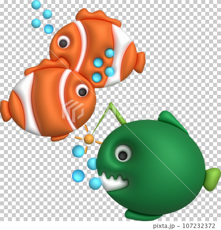 3D illustration Cute underwater animals Sea fish popular color fish. minimal style. 107232372
