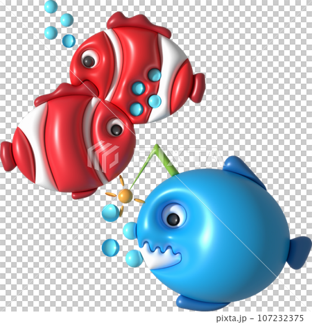 3D illustration Cute underwater animals Sea fish popular color fish. minimal style. 3D illustration Cute underwater animals Sea fish popular color fish. minimal style. 107232375
