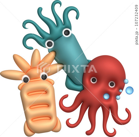 3D illustration Cute underwater animals squid and octopus. minimal style. 3D illustration Cute underwater animals squid and octopus. minimal style. 107232409