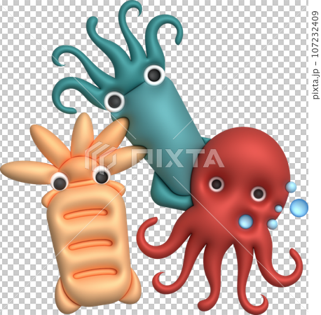 3D illustration Cute underwater animals squid and octopus. minimal style. 3D illustration Cute underwater animals squid and octopus. minimal style. 107232409