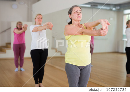 Group of mature people practicing dance techniques 107232725