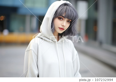 無地のパーカーを着た女性モデル　AI生成画像　AI画像 107232994