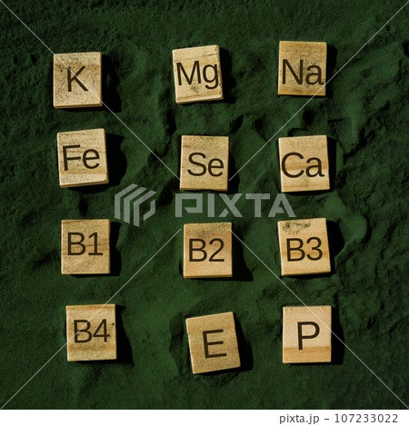 Wooden blocks with text of vitamins in spirulina chlorella algae superfood powder. Vitamin K Mg Na Fe Se Ca B1 B2 B3 B4 E P. Healthy benefits supplement and vegan antioxidant healthy eating 107233022