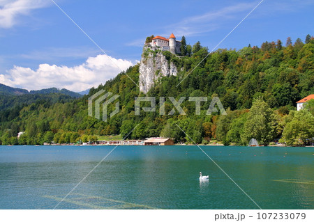 南欧スロヴェニアのブレッド湖　ターコイズブルーの湖岸の断崖の上に建つブレッド城 107233079