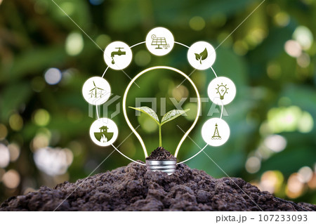 Tree growing on the ground and icons related to green energy, Earth Day concept, and energy saving. Tree growing on the ground and icons related to green energy, Earth Day concept, and energy saving. 107233093