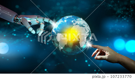 Robot hand and human hand pointing crystal digital world. Global network connection, Big data analytic, Business intelligence and Technology connection, and Artificial Intelligence concept. 107233770
