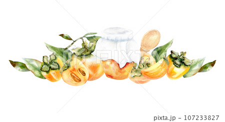 Watercolor persimmon composition with orange jam har, woode spo, orange fresh persimmon and leaves for package, kitcken decoration Watercolor persimmon composition with orange jam har, woode spo, orange fresh persimmon and leaves for package, kitcken decoration 107233827