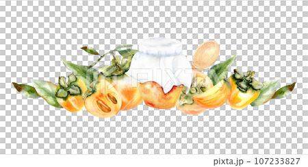 Watercolor persimmon composition with orange jam har, woode spo, orange fresh persimmon and leaves for package, kitcken decoration Watercolor persimmon composition with orange jam har, woode spo, orange fresh persimmon and leaves for package, kitcken decoration 107233827