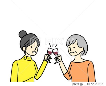 ワインで乾杯する娘と母 107234083
