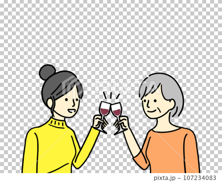 ワインで乾杯する娘と母 107234083