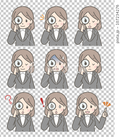 Various facial expressions of a young woman looking through a magnifying glass (suit) 107234276