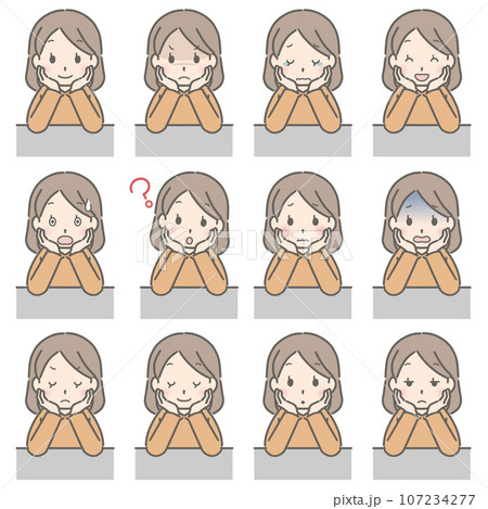 頬杖をつく若い女性の色々な表情(私服) 頬杖をつく若い女性の色々な表情(私服) 107234277