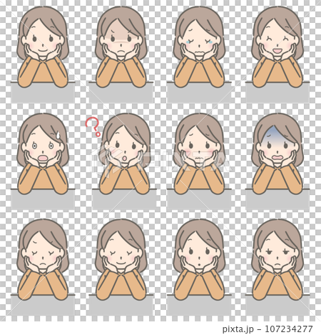 Various facial expressions of a young woman resting her chin on her back (plain clothes) Various facial expressions of a young woman resting her chin on her back (plain clothes) 107234277