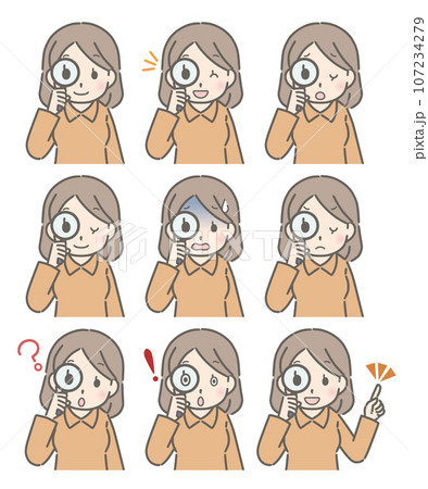 虫眼鏡をのぞく若い女性の色々な表情（私服） 107234279