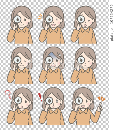 虫眼鏡をのぞく若い女性の色々な表情（私服） 107234279