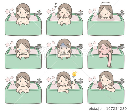 お風呂に入る若い女性の色々な表情 107234280