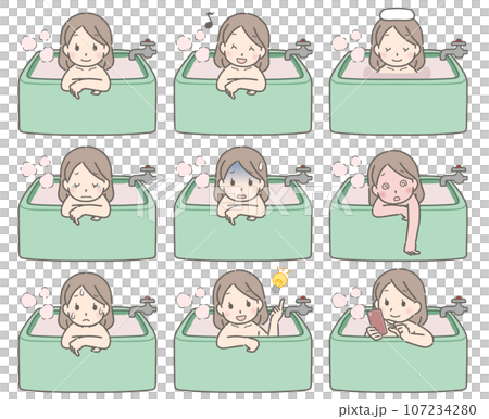 お風呂に入る若い女性の色々な表情 107234280