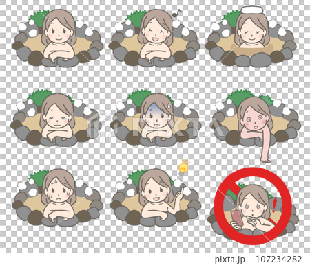 温泉に入る若い女性の色々な表情 107234282