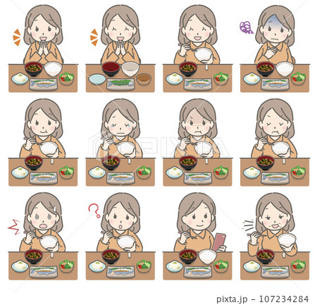 食事をする若い女性の色々な表情（私服） 107234284