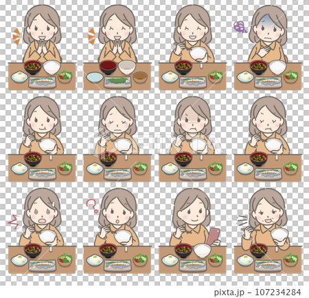 食事をする若い女性の色々な表情（私服） 107234284