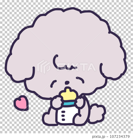 Illustration of a cute toy poodle puppy holding a baby bottle and drinking milk Illustration of a cute toy poodle puppy holding a baby bottle and drinking milk 107234379