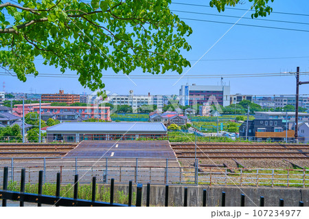 新緑の東京都稲城市東長沼の七曲見晴児童公園から北側の眺望 107234977
