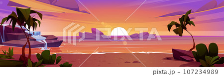 Summer sunset beach with palm tree and orange sky 107234989