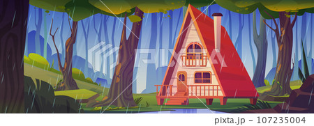 Wooden house in forest in rainy weather. 107235004