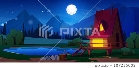 House on stilt at night near lake vector game House on stilt at night near lake vector game 107235005