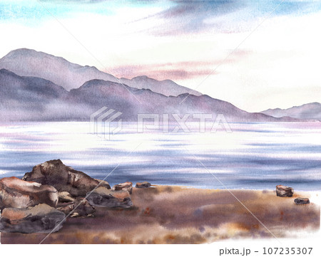 Nautical watercolor landscape. Adriatic seascape with sunset, mountain silhouettes, coastal sandy beach, stones. Hand drawn isolated illustration for your postcards, printing, poster, wallpaper design 107235307