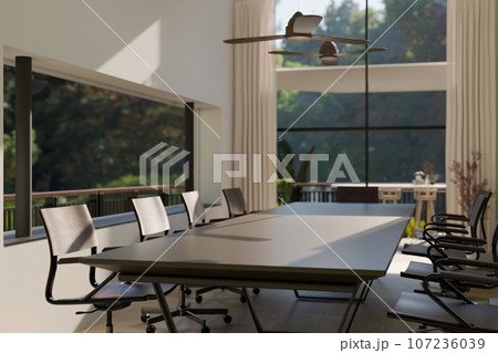 Interior design of a modern spacious meeting room with a large meeting table, armchairs, and decor. 107236039
